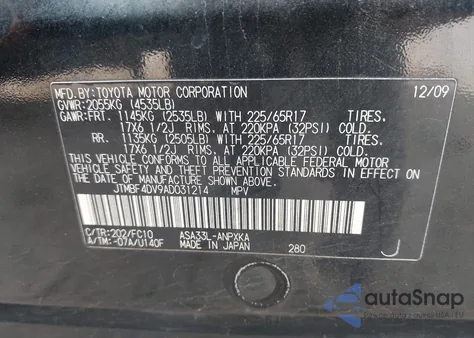 2010 Toyota Rav4 from USA, damaged, VIN JTMBF4DV9AD031214